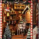 Christmas Book Nook Kits for adults-3D Wooden Puzzles DIY Miniature House Kit Bookshelf Decor with LED Lights Creative Bookend Craft Doll House for Teens & Adults-Ideal Gift for Family & Friends