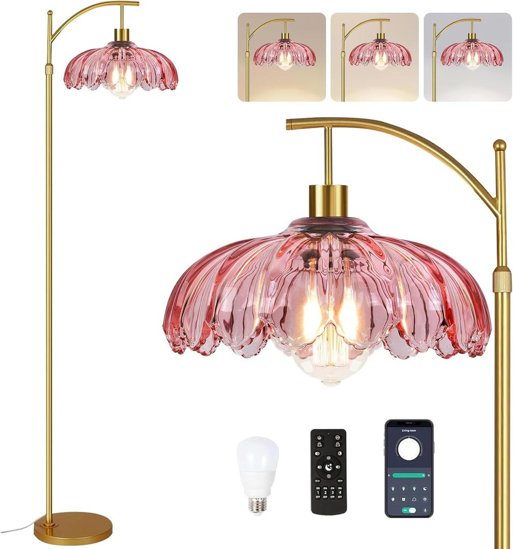 Pink Floor Lamp for Living Room,Bedroom,Gold Dimmable Standing Lamp with Remote,Mid Century Modern Brass Tall Lamp Boho Floor Lamps Arc Stained Glass Flower Floor Light Lamp Girls kids Bohemian