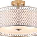 17" Semi Flush Mount Ceiling Light Fixture, Modern 3-Light E26 Double Drum Ceiling Lighting with White Fabric Lampshade and Gloden Iron Mesh Cage for Living Room Bedroom, Brushed Nickel