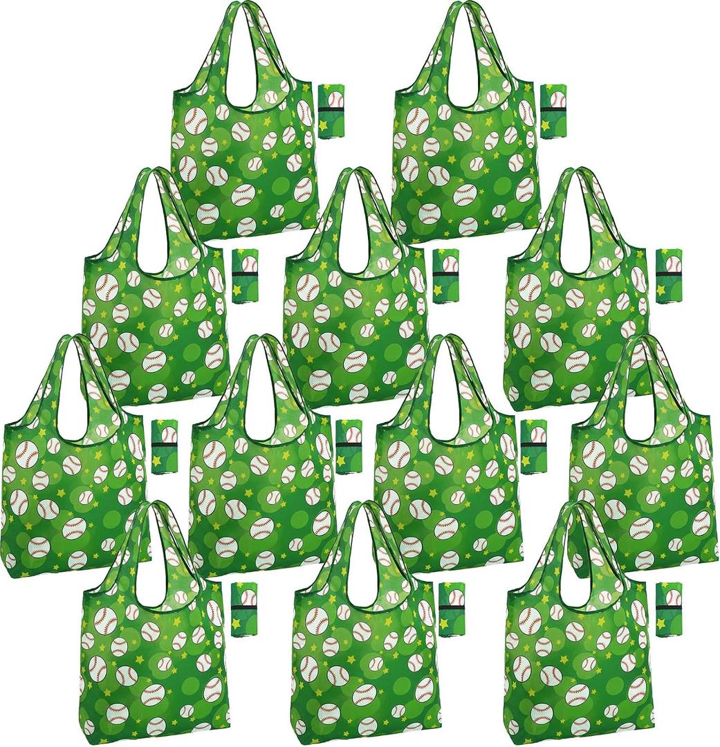 12-pack Baseball Party Tote Bags for Women - Large 15 x 16 x 5 in Durable Reusable Foldable Green Shopping Bags with Handles, Machine Washable, Ideal for Family, Travel & Gifts