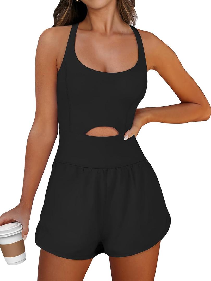 Caracilia Women's Workout Athletic Romper Summer Sets Short Jumpsuits Onesie Running Outfits Exercise Gym 2025 Trendy Clothes (Medium, Black)