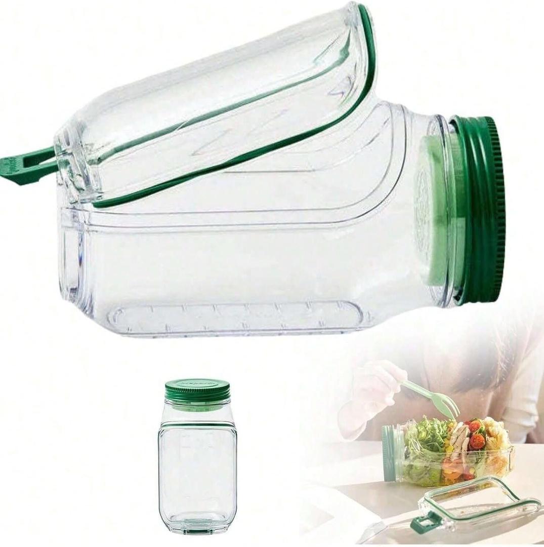 Salad Container with Side Opening Lid, Vertical Clear Plastic, Lightweight, Microwave and Dishwasher Safe, BPA Free, Green, for Meal Prep, Work, Gym, Office