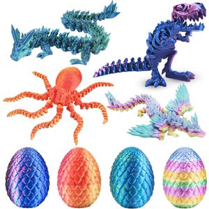 4PCS 3D Printed Dragon Octopuses with Egg Easter Basket Stuffers Easter Egg 3D Printed Animals Toy Set