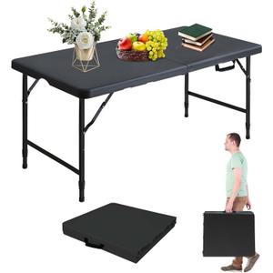 Portable 4Ft Folding Table, Heavy Duty Plastic Fold-in-Half Utility Foldable Table Small, Adjustable Height Plastic Folding Table with Carrying Handle for Camping & Party Indoor/Outdoor(Black)