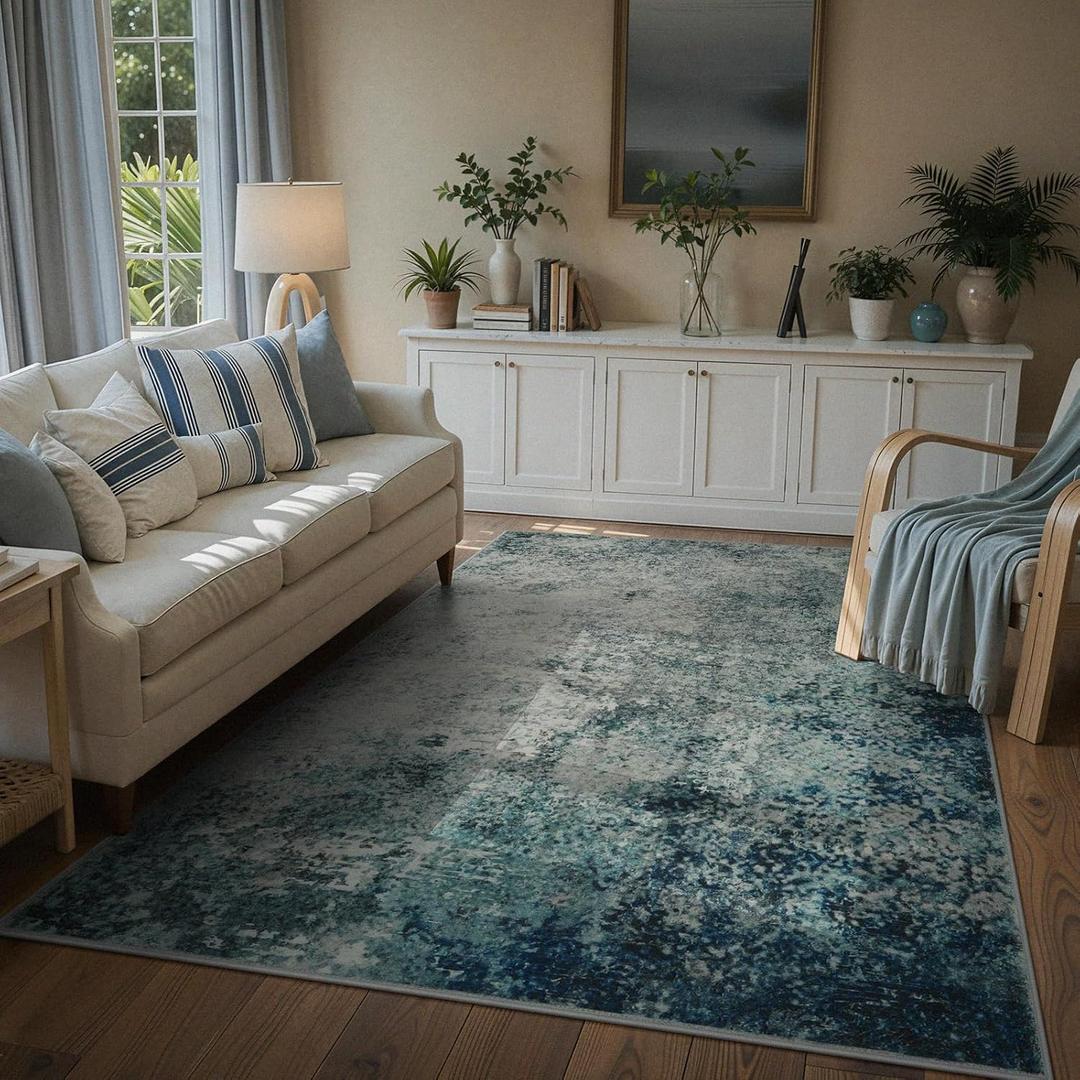 Lahome Modern Abstract 8x10 Area Rugs for Living Room, Washable Accent Rugs for Bedroom Stain Resistant Non Slip, Large Soft Indoor Carpet for Dining Room Table Home Office Decor, Blue/Grey