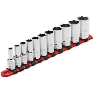 CASOMAN 11PCS 3/8" Drive 6 Pt. Mid-Length Socket Set, SAE, Mirror Chrome Finish, 1/4", 5/16", 3/8", 7/16", 1/2", 9/16", 5/8", 11/16", 3/4", 13/16", 7/8"