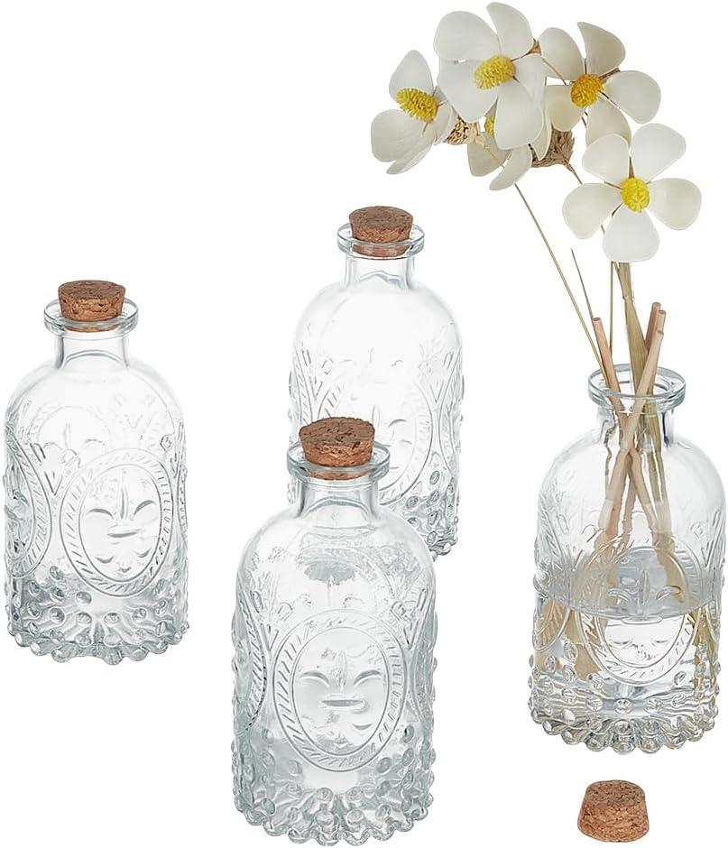 PH PandaHall 4pcs 200ml Glass Bottles with Cork Lids, Vintage Embossed Decorative Bottles for Home Decor, Kitchen, Spices Jar, Aromatherapy, Vase, Perfume Bottle (1 bottle and 1 cap missing)