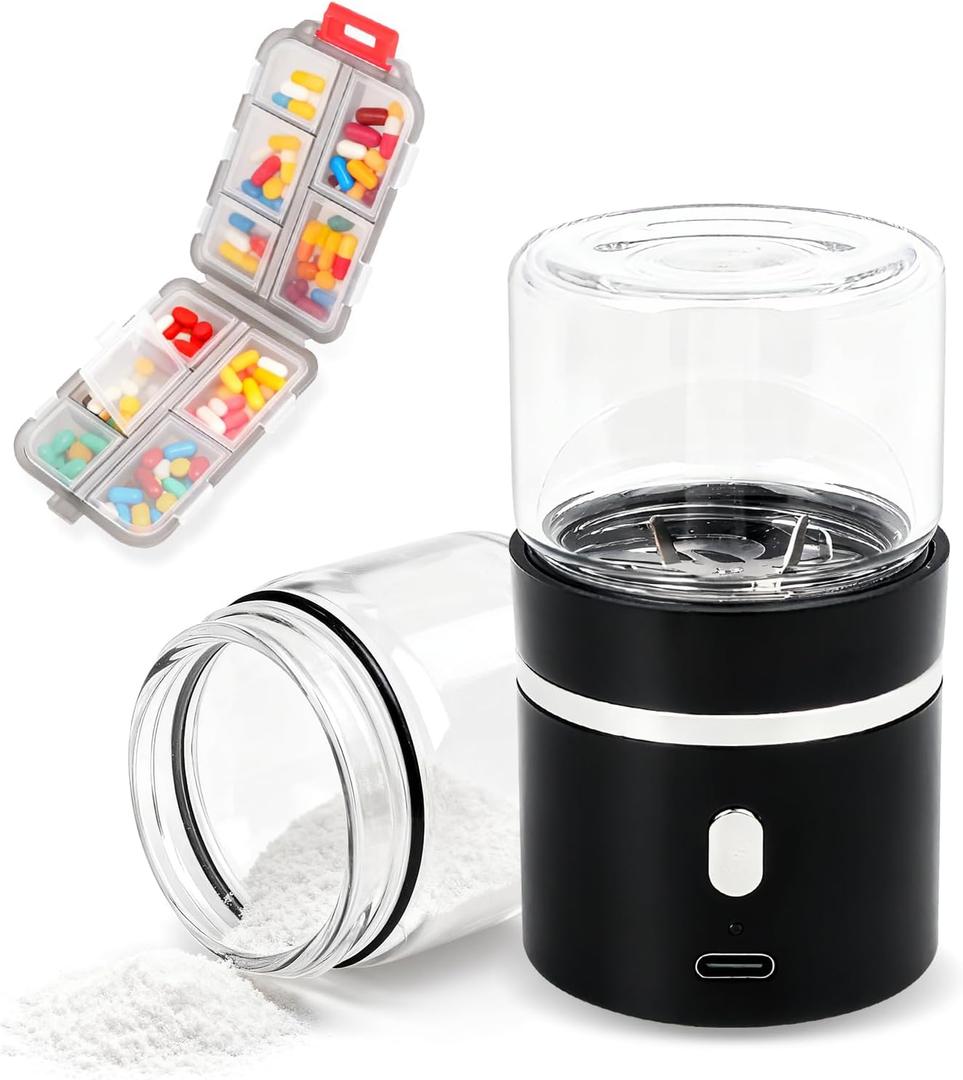 Portable Small Electric Pill Crusher, Grind Pills to Fine Powder for Elderly, Rechargeable & Washable, with Safety Lock, Perfect for Pets Nursing Home, with Pill Organizer Travel Essential (Black)