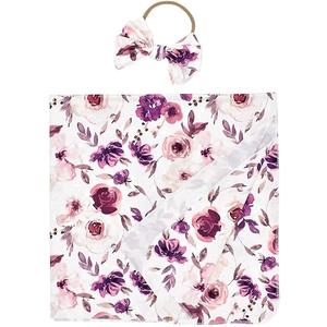 Baby Swaddle Blanket Newborn Girl Swaddle and Headband Set Purple Flowers Floral Print Wrap Shower Gift