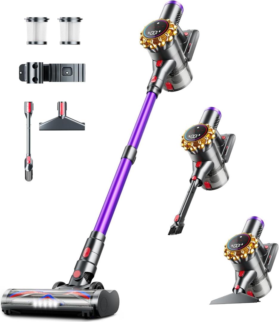 Cordless Vacuum Cleaner,Upgraded 550W 45KPA 60Mins Vacuum Cleaners for Home,Self-Standing Stick Vacuum with LED Display,8 in 1 Lightweight Anti-tangle Wireless Vacuum for Pet Hair Carpet Hard Floors (Purple)