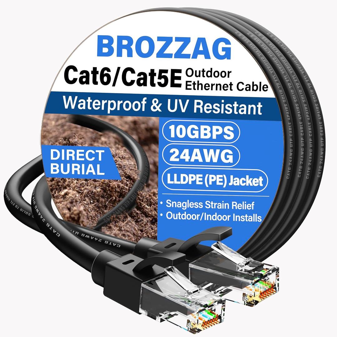 Ethernet Cable 25ft For Cat6/Cat5E, 40Gbps Support Cat8/Cat7, 24AWG Pure Copper, UL Certified Network Cable, Direct Burial Waterproof & UV Resistant, High Speed RJ45 LAN Cord -POE/Modem/Router, Black