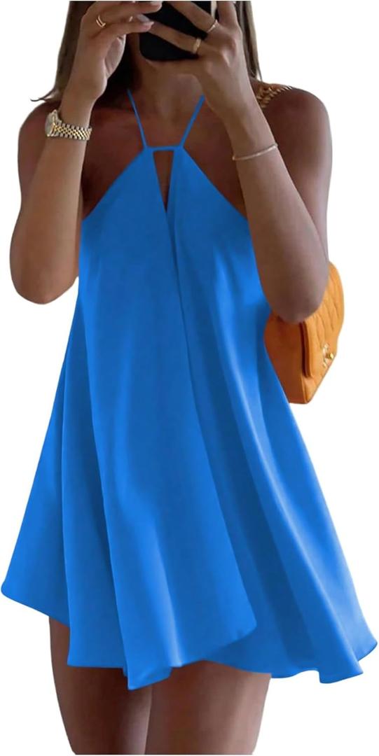 SOLY HUX Women's Mini Dress Halter Neck Sleeveless Tie Backless Swing Flowy Beach Dresses Summer Vacation Clothes (Blue, M)