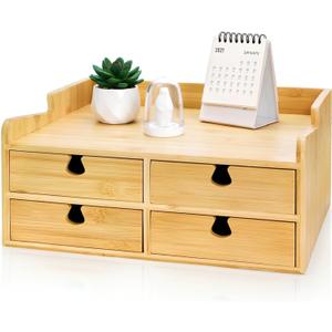 Eorbow Bamboo Desk Organizer with Drawers, Small 3 Tier Desktop Drawers for Countertop, Mini Tabletop Storage Containers with Anti-scratch Pads for Home Office Supplies Makeup, No Assembly Required