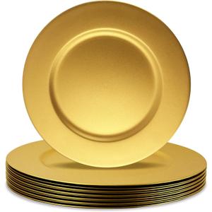 Cheardia 12 Pack Plastic Gold Charger Plates, 13 Inch Round Decorative Serving Dinner Charger Plate Bulk for Wedding, Catering, Parties, Restaurant, Home