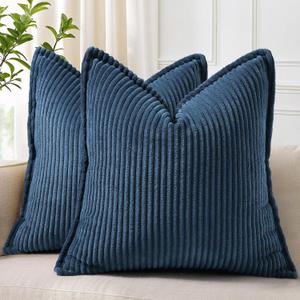 decorUhome Spring Corduroy Navy Blue Throw Pillow Covers 18x18 Set of 2 Decorative Soft Boho Farmhouse Couch Pillow Covers for Living Room Bed Sofa Broadside Striped Pillow Cases