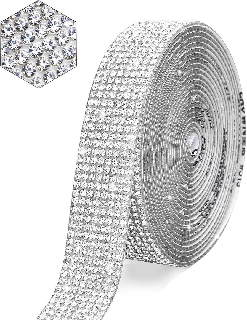 Self Adhesive Crystal Rhinestone Strips Diamond Ribbon Bling Gemstone Sticker Rhinestone Roll for Craft with 2 mm Rhinestone for DIY Arts Crafts,Wedding Party,Phone Decoration (White)
