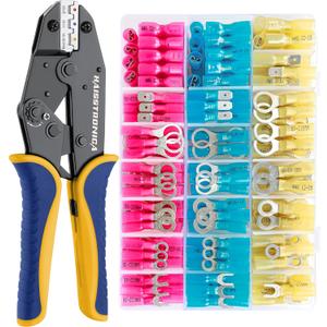 haisstronica Crimping Tool for Heat Shrink Connectors HS-8327 with 280PCS Marine Grade Heat Shrink Wire Connectors,Tinned Red Copper AWG 22-10 Electrical Ring Fork Spade Splice(3 Colors/21 Size)