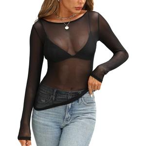 KTILG Mesh Long Sleeve Tops for Women See Through Blouses Fitted Sheer Layering Tops Tee Shirt Party Clubwear Black L