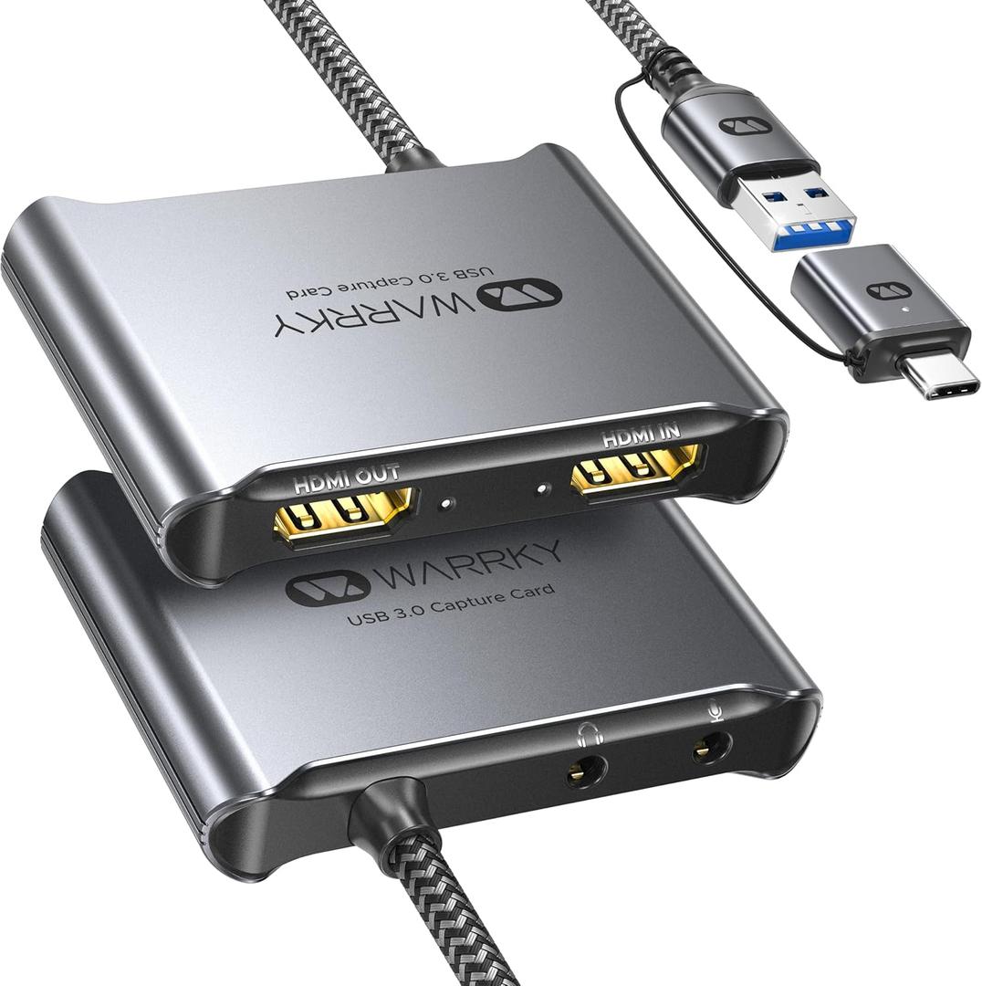 Warrky 4K HDMI Capture Card [with Fixed USB 3.0 Cable, 4K Loop Out, No-Latency] 1080P 60FPS Cam Link Video/Audio Capture Device for Streaming, Game Recording, Compatible for Nintendo/PS5/xBox/PC-Gray