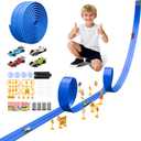 16.5Ft Flexible Race Car Track with 4 Cars, Suction Cups, Hooks & Roadblocks, Compatible with 1:64 Scale Toy Cars, Portable DIY Racetrack Gift for Kids Ages 3+ Blue