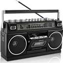 Retro Classic 80s Style Portable Boombox with Cassette Player Recorder, AM/FM/SW1/SW2 Radio, Bluetooth, USB/Micro SD Slots, Headphone Jack, 24W Dual Full-Range High Bass Speakers (Black)
