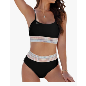 Buauty Bikini Sets for Womens Tummy Control Swimsuits High Waisted Two Piece Bathing Suits Color Block Spaghetti Straps 2025 Large