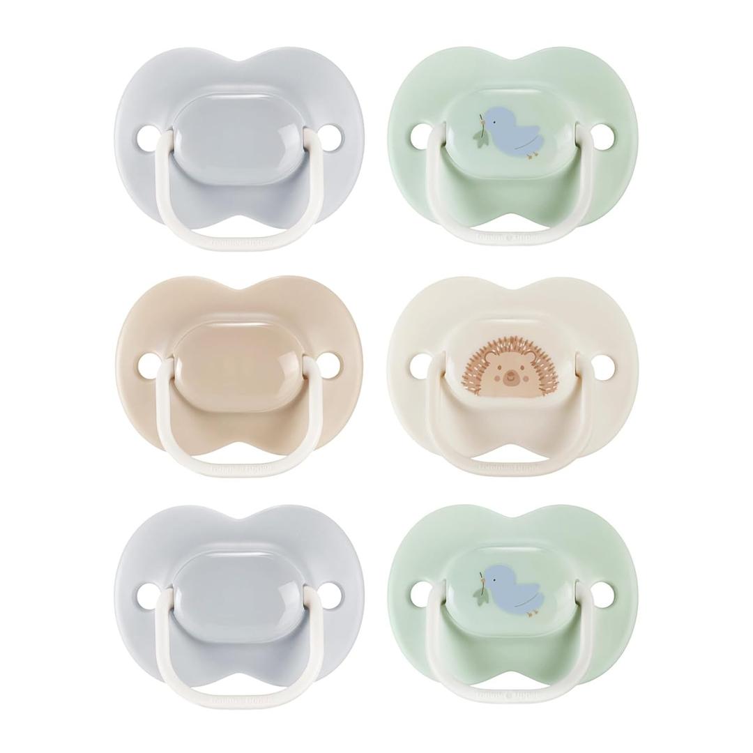 Tommee Tippee Anytime Matte Pacifier, 0-6 Months, Symmetrical Baglet, BPA-Free Binkies, Blue/Green, Pack of 6