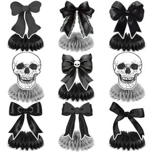 9pcs Gothic Birthday Party Decorations Black Bow Centerpieces for Table Skull Skeleton Goth Birthday Decorations Black Bow Table Decor for Women Girls Halloween Bachelorette Party Supplies
