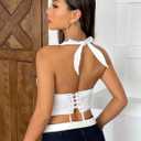 WDIRARA Women's Y2K Halter Top Deep V Backless Asymmetrical Hem Cami Crop Tops (White, L)
