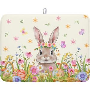 Easter Egg Bunny Dish Drying Mat for Kitchen Counter Spring Floral Flower Drying Mats 18x24 Inch Spring Easter Absorbent Dish Pad Spring Summer Holiday Reversible Draining Racks Mat for Countertop