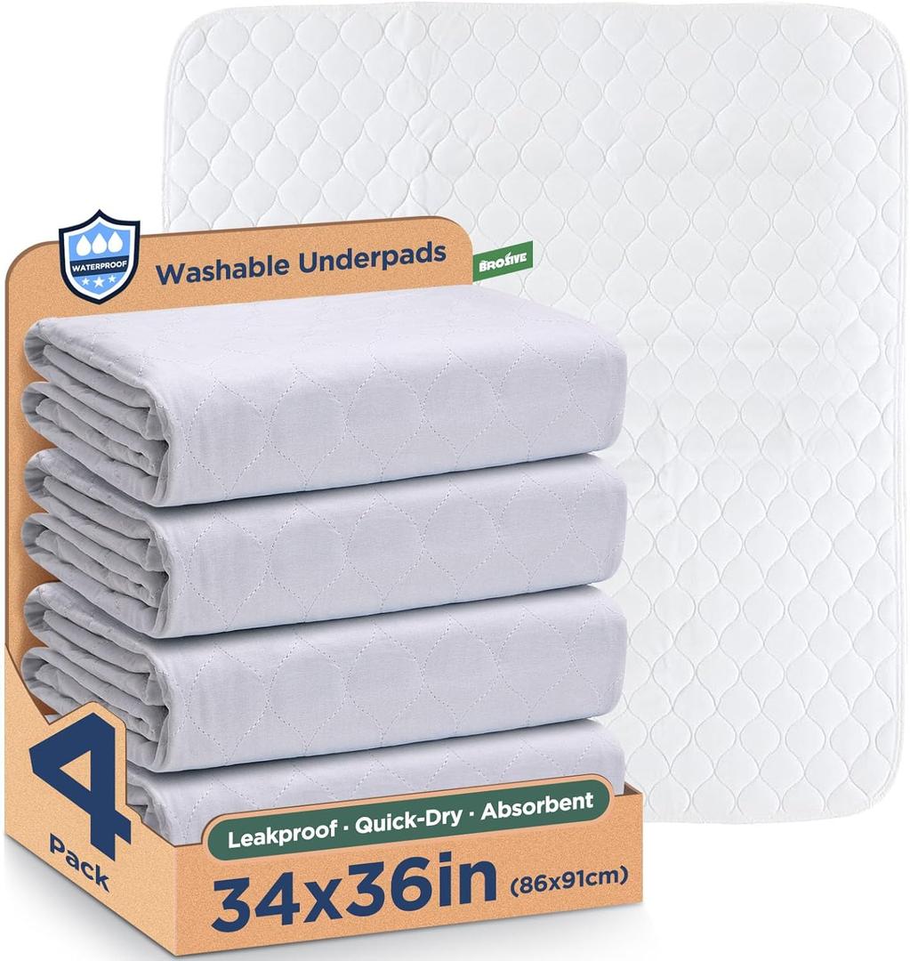 Waterproof Reusable Incontinence Bed Pads Washable Incontinence Underpads 8 Cups Absorbency,Mattress Protector for Adults, Kids and Pets(34”x 36” inch 4 Pack) 