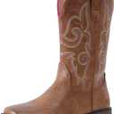 IUV Cowboy Boots For Women Square Toe Wide Western Boots Mid Calf Cowgirl Boots Pull On Fashion Embroidered Cowboy Boots (6, Light Brown)