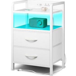 Night Stand Bedside Table Bedroom - White Nightstand with Charging Station & LED Light Strip, Morden Bed Side End Table with Storage Shelf & 2 Fabric Drawers, U-S-B Ports & AC Outlets