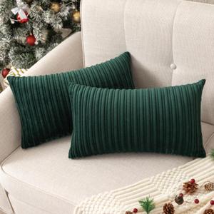 UGASA Christmas Velvet 12x20 Inch Lumbar Soft Throw Pillow Covers Decorative Striped Corduroy Both Sides Rectangular Cushion Cases Boho Farmhouse for Couch Bedroom Sofa Home, Pack of 2, Dark Green