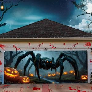 7 x 16 ft Halloween Garage Door Decorations Banner Giant Spider Halloween Garage Door Backdrop Cover Spider Pumpkin Horror Backdrop Decoration for Party Background Supplies