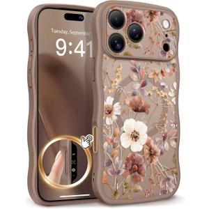 GVIEWIN for iPhone 17 Pro Case Compatible with MagSafe [Curly Wave Edge][Full Camera Protection] Floral Translucent Shockproof Magnetic Women Phone Case for iPhone 17 Pro 6.3'', Corn Poppy/Brown