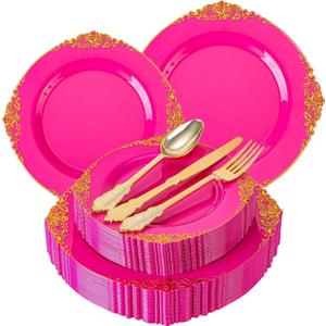 125PCS Hot Pink Plastic Plates - Pink Disposable Plate - Elegant Party Plates with Gold Plastic Silverware Sets for 25 Guests for Wedding & Birthday Party & Baby Shower