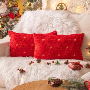 AQOTHES Christmas Tree Decorative Red Throw Pillow Covers 12x20 Set of 2, Faux Fur Farmhouse Throw Pillows Cushion Cases for Xmas Winter Holiday Home Decor