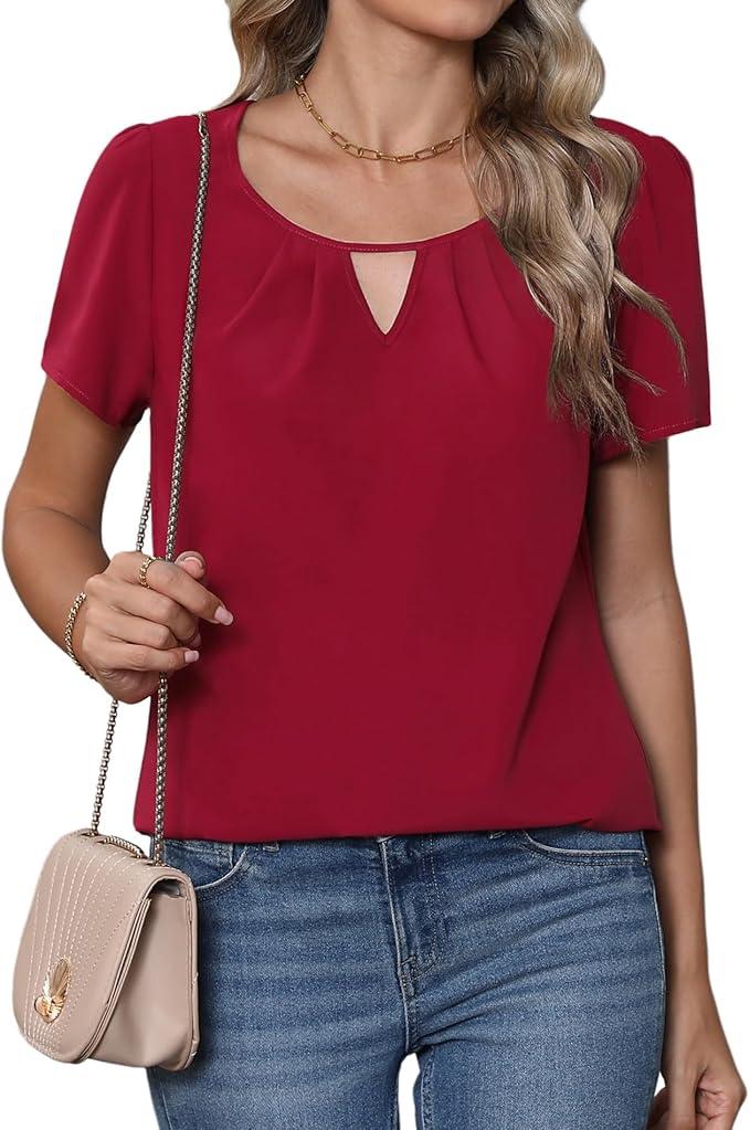 CZYINXIAN Womens Summer Casual Short Sleeve Blouse Dressy Round Neck Business Chiffon Tops Shirt(B Red, Medium)