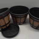 Quarut 3 Pack 10 inch Plant Pots,Whiskey Barrel Planters with Drainage Holes & Saucer, Plastic Decoration Flower Pots Imitation Wine Barrel Design, for Indoor & Outdoor Garden Home Plants (Brown)