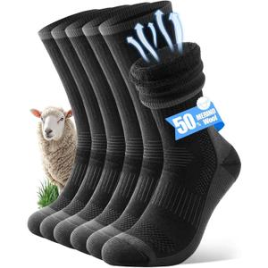 Merino Wool Hiking Crew Socks for Men & Women, Thermal Socks,Cushioned Anti-Blister, Breathable 3 Pairs (Medium, Black)