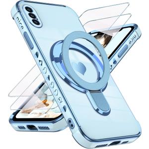 Liufcx for iPhone Xs Max 6.5" Love Heart Kickstand Case with 2X Screen Protector: Luxury Plated Gold Edge Slim Soft TPU Shockproof Protection Case Cover for iPhone Xs Max (Blue)