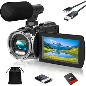 4K Video Camera Camcorder UHD 36MP Vlogging Camera for YouTube 18x Digital Zoom 3" 270 Rotation IPS Screen Video Camcorder with Fill Light, Mic, 32GB Card, Battery