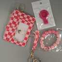 Wallet Keychain Wristlet,Airtag Wristlet Wallet for Women RFID Credit Card Holder with boho beaded Cute Key Chains for Women(checkered pink)