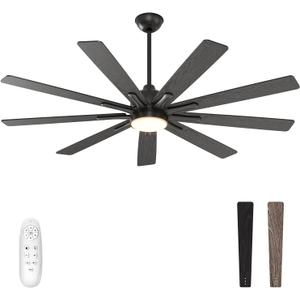 warmiplanet Ceiling Fans with Lights and Remote Control, 62-Inch, Reversible Silent DC Motor, 6 Speeds, 3 Color Dimmable LED Light, Timer, Black, 9-Blades