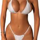 SOLY HUX Women's Metallic Bathing Suit Halter Micro Triangle Top Swimsuit String Thong Two Piece Bikini Sets (Pure White) X-Small