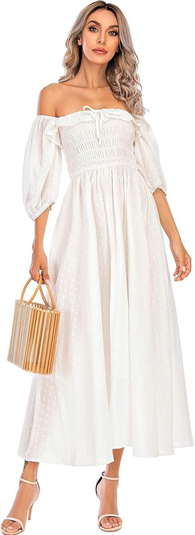 R.Vivimos Women Summer Half Sleeve Cotton Ruffled Vintage Elegant Backless A Line Flowy Long Dresses (Medium, White-1)