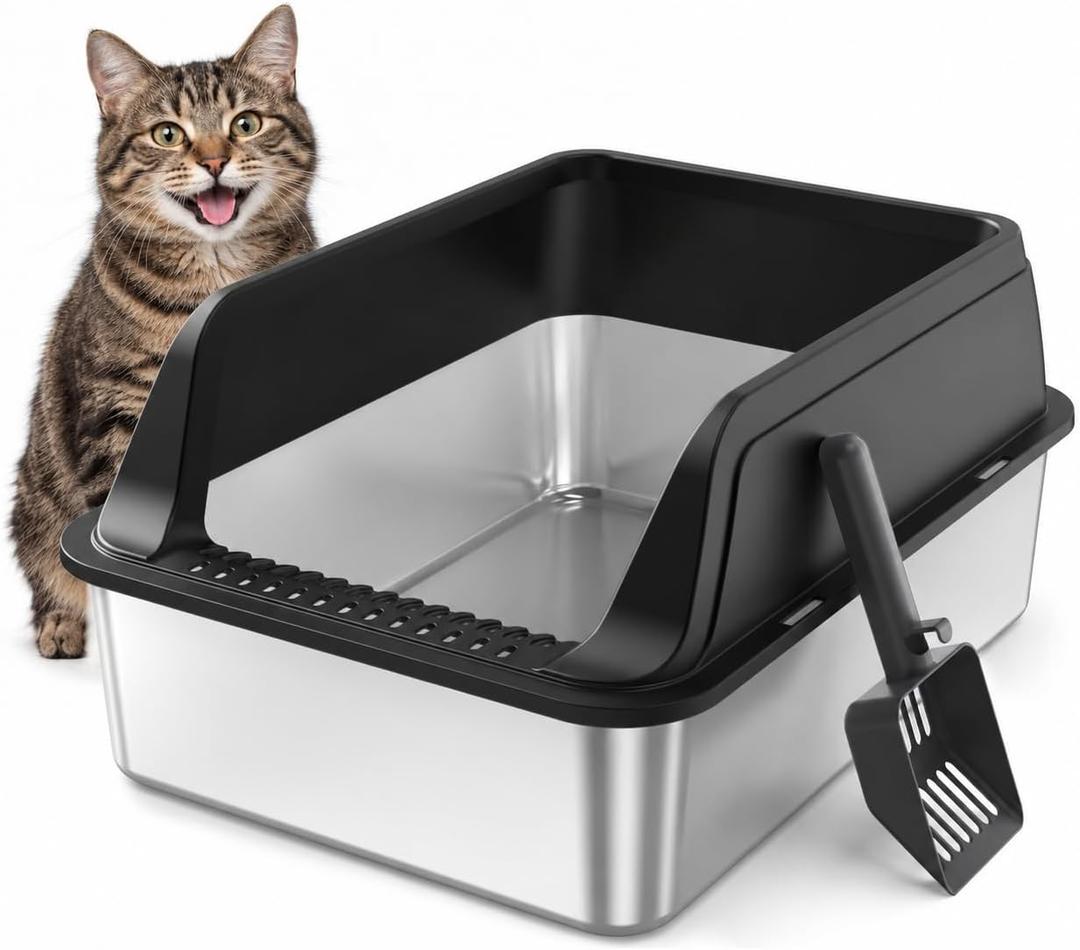 FURTIME Stainless Steel Litter Box with Lid, High Sided Metal Litter Box | Enclosed Large Cat Litter Boxes for Kitty & Large Cats Up to 12 lbs, Included Scoop, Odor-Free, Non-Stick, Easy to Clean, 19.3"L x 14.2"W x 9.06"H