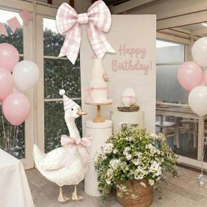 RattanView Pink Silly Goose Birthday Party Decorations 35.4inch 1st Birthday Silly Goose Backdrop Duck and 23.6inch Pink Gingham Background Bow Baby Shower Party Supplies for Animal Baby Shower