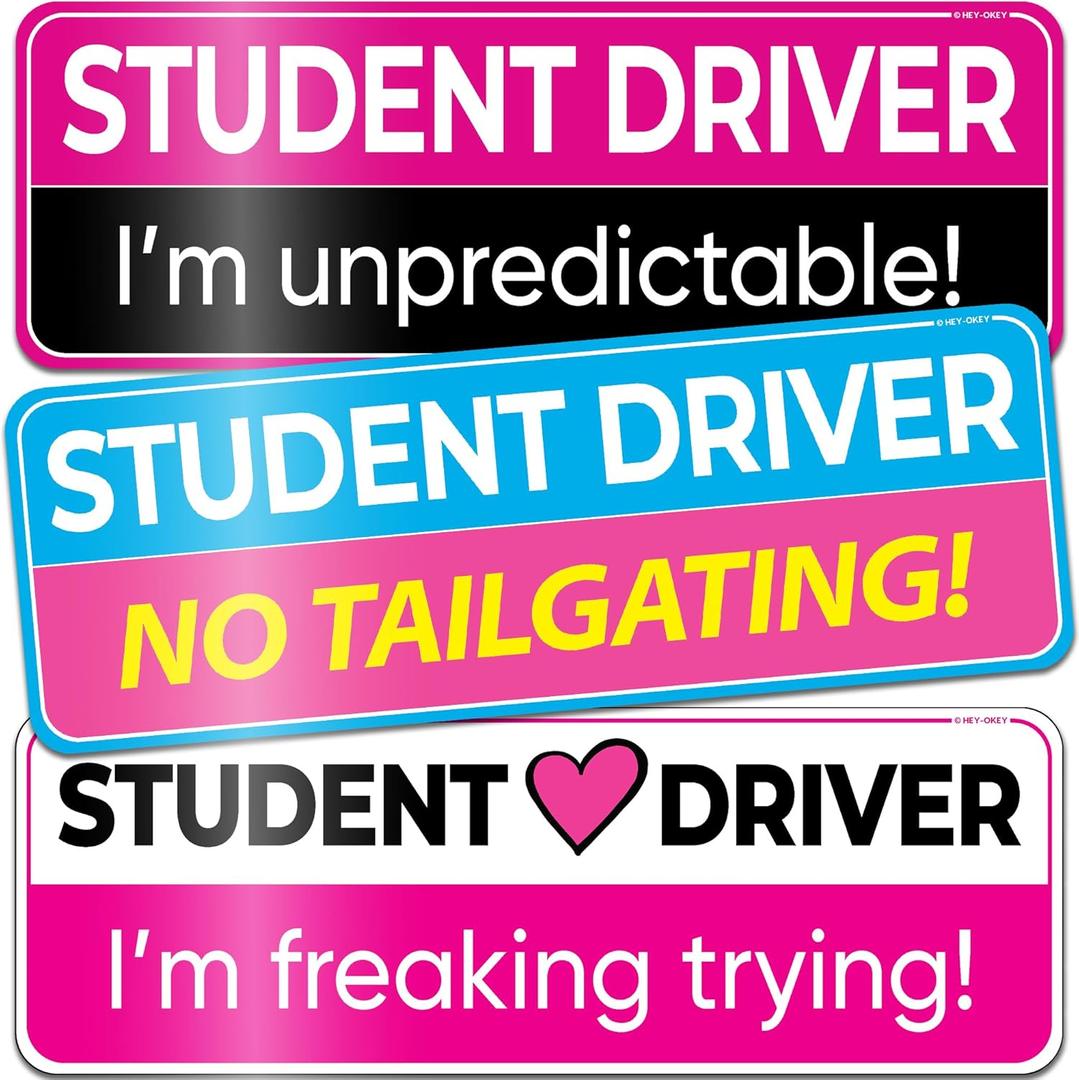 3-Pack HEY-OKEY Student Driver Magnet for Car – Metal Only (Not for Plastic/Aluminum) – Funny Pink Please Be Patient Reflective Magnetic Bumper Sticker – Removable Rookie Safety Signs – 10 x 3.5 in
